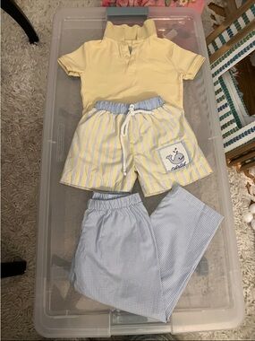 Boys 3T Boutique Outfit Set | Yellow Polo  + Gingham Pants + swimsuit | Preppy